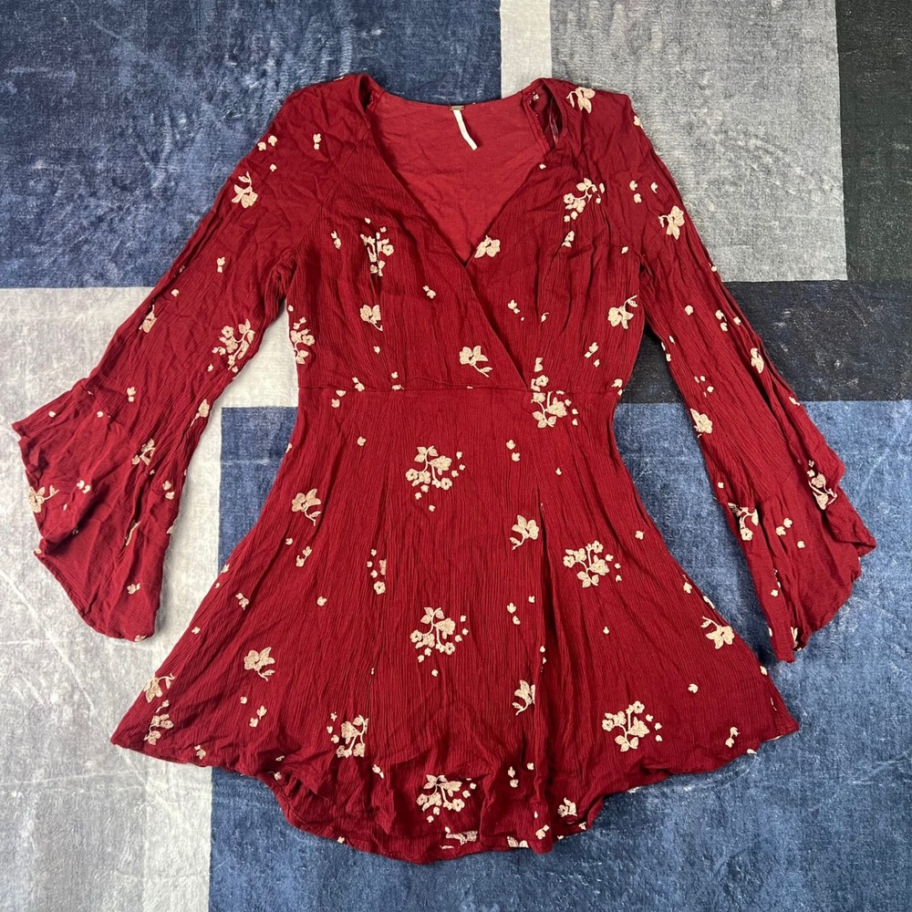 Free People Jasmine Red Floral Embroidered Bell Sleeve V-Neck Mini Dress Size 10